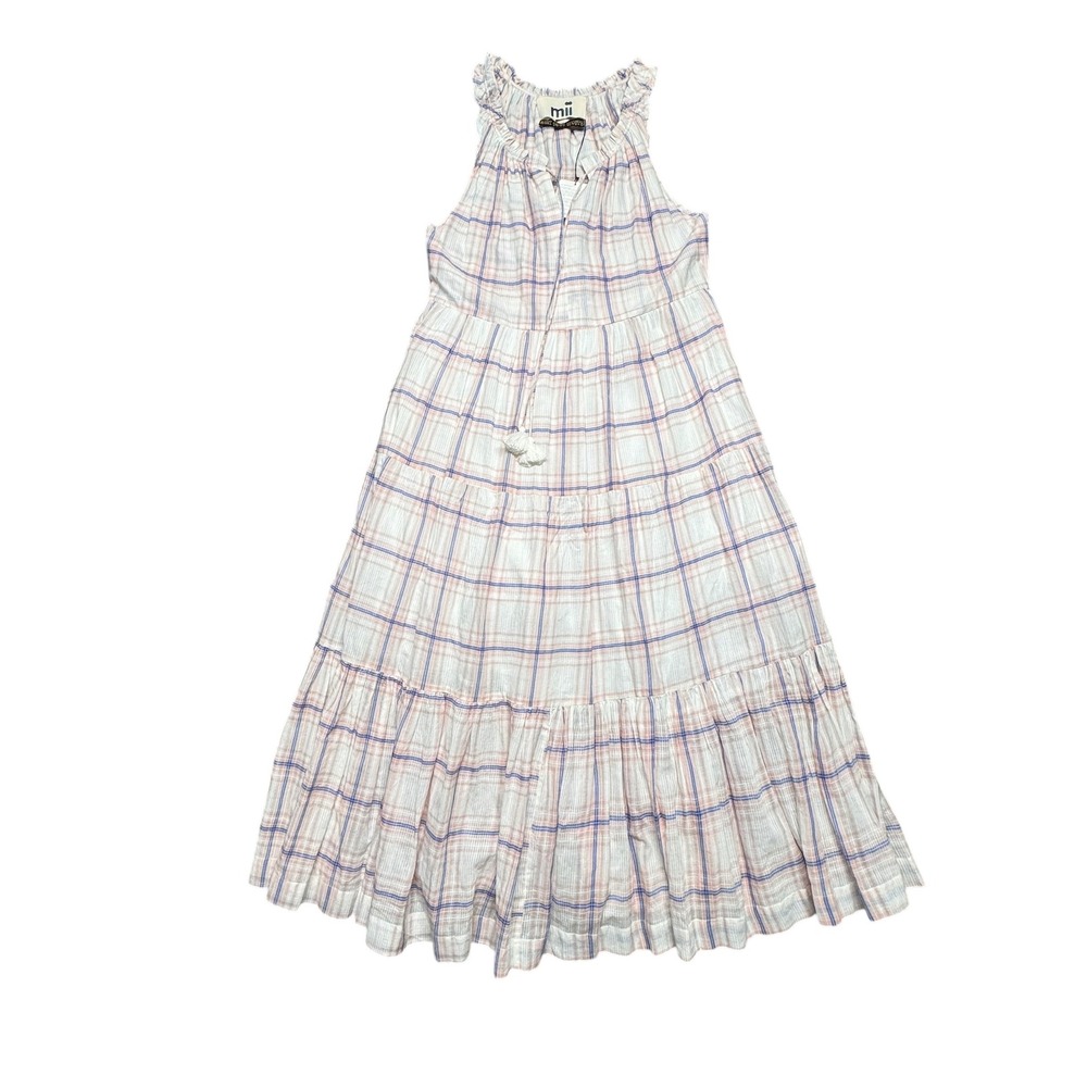 Mii Collection Gabrielle Maxi Dress NWT Pink Blue Plaid Boho Tiered‎ Cotton Sz M